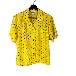 Vintage 90s Yellow Black Polkadot Short Sleeve Button Up Top Medium